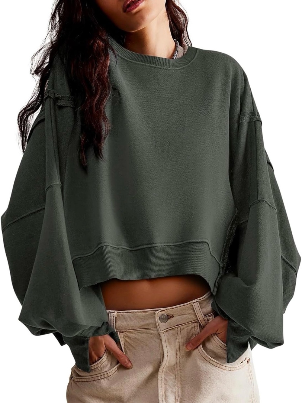 Women's Olive Green Cropped Sweatshirt Top